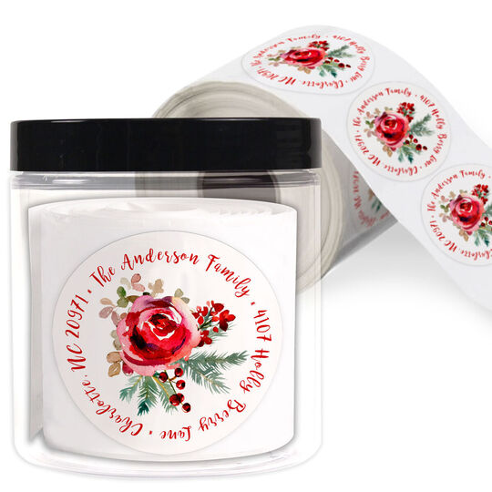 Christmas Rose Spray Round Address Labels in a Jar